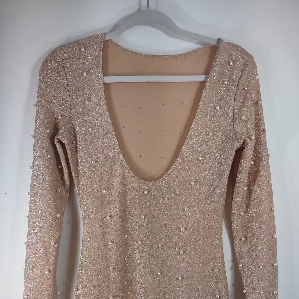 Nude Pearl Embellished Maxi Dress, Fitted, Size Small - Picture 4 of 8